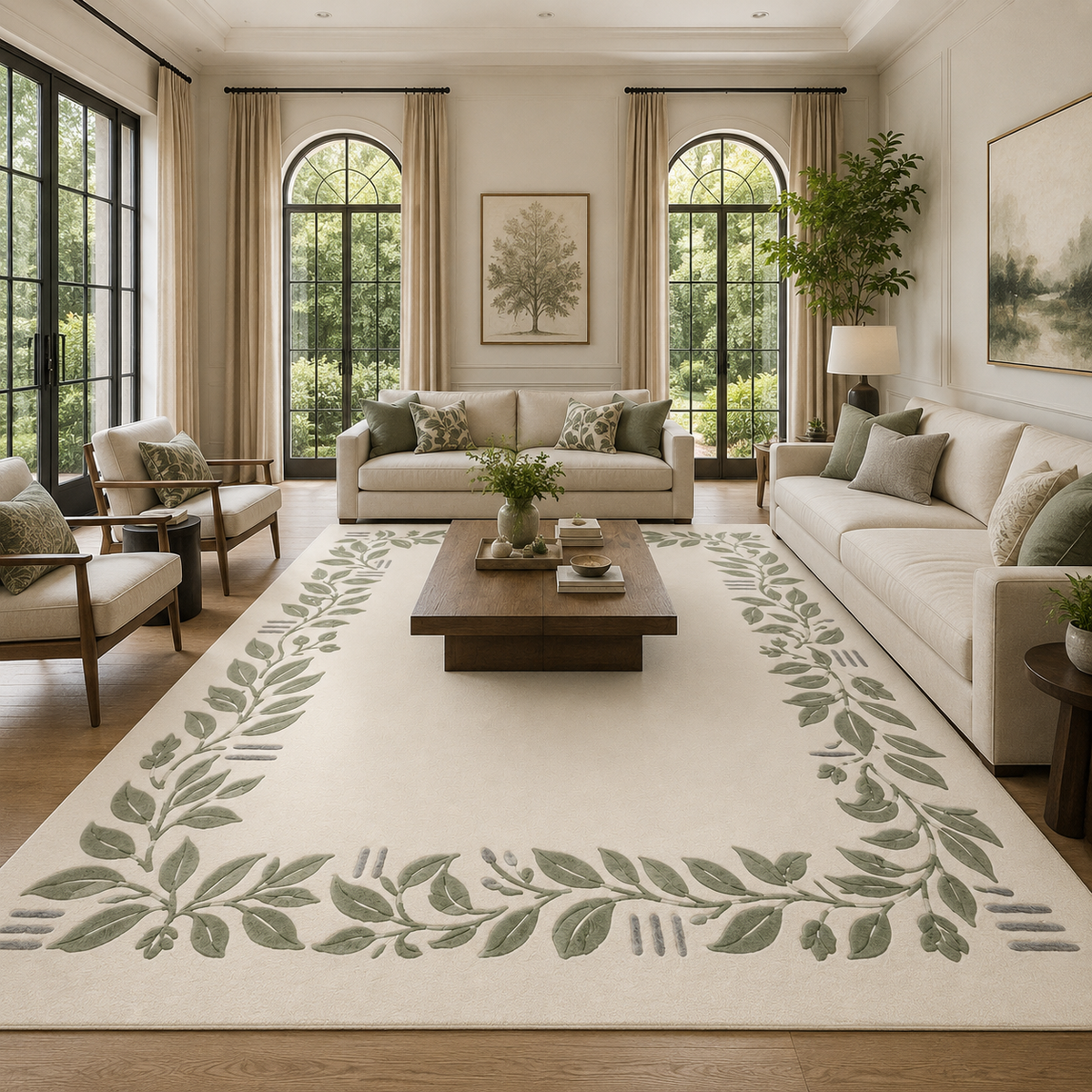 Ivory & Sage Green Botanical Area Rug