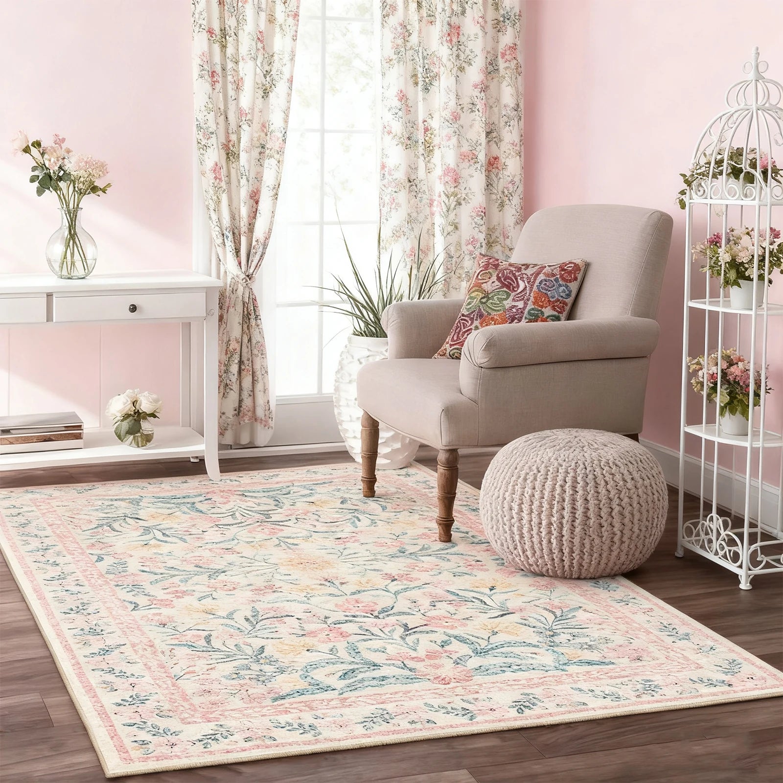 Florielle Vintage Botanical Washable Area Rug