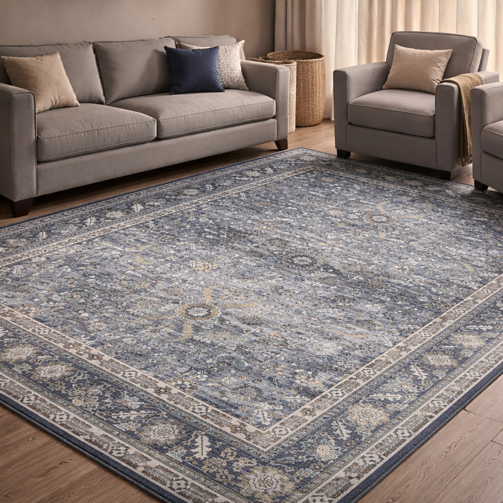 Serelis Blue Persian Medallion Washable Area Rug