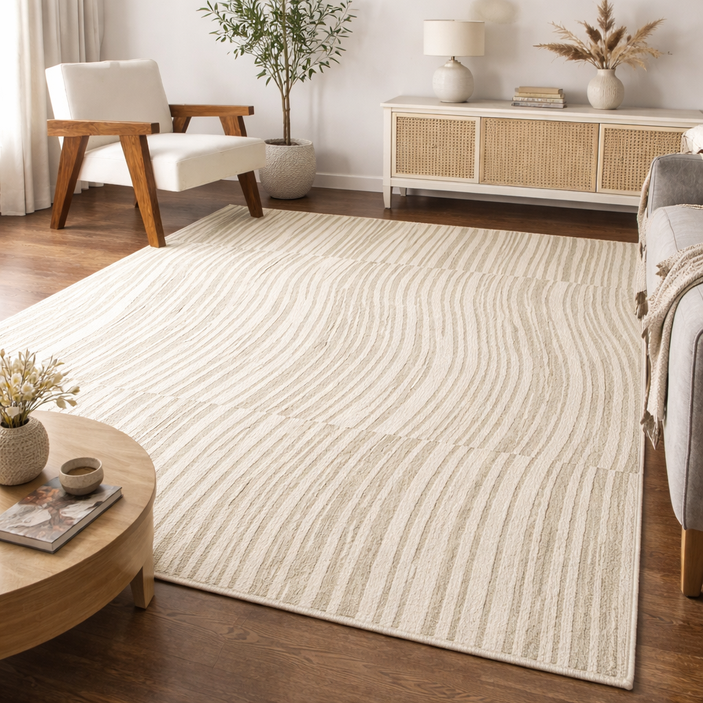 Ivory Wavy Stripe Textured Neutral Rug