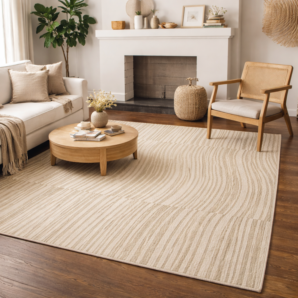 Ivory Wavy Stripe Textured Neutral Rug