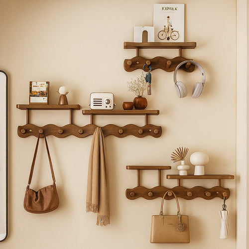 Ripple Collection | Bamboo Entryway Wall Rack with Shelf & Hooks | Stylish Organizer for Clutter-Free Spaces 0