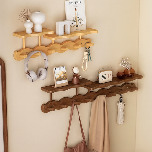 Ripple Collection | Bamboo Entryway Wall Rack with Shelf & Hooks | Stylish Organizer for Clutter-Free Spaces 1