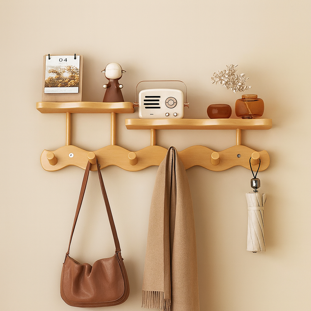 Ripple Collection | Bamboo Entryway Wall Rack with Shelf & Hooks | Stylish Organizer for Clutter-Free Spaces 2