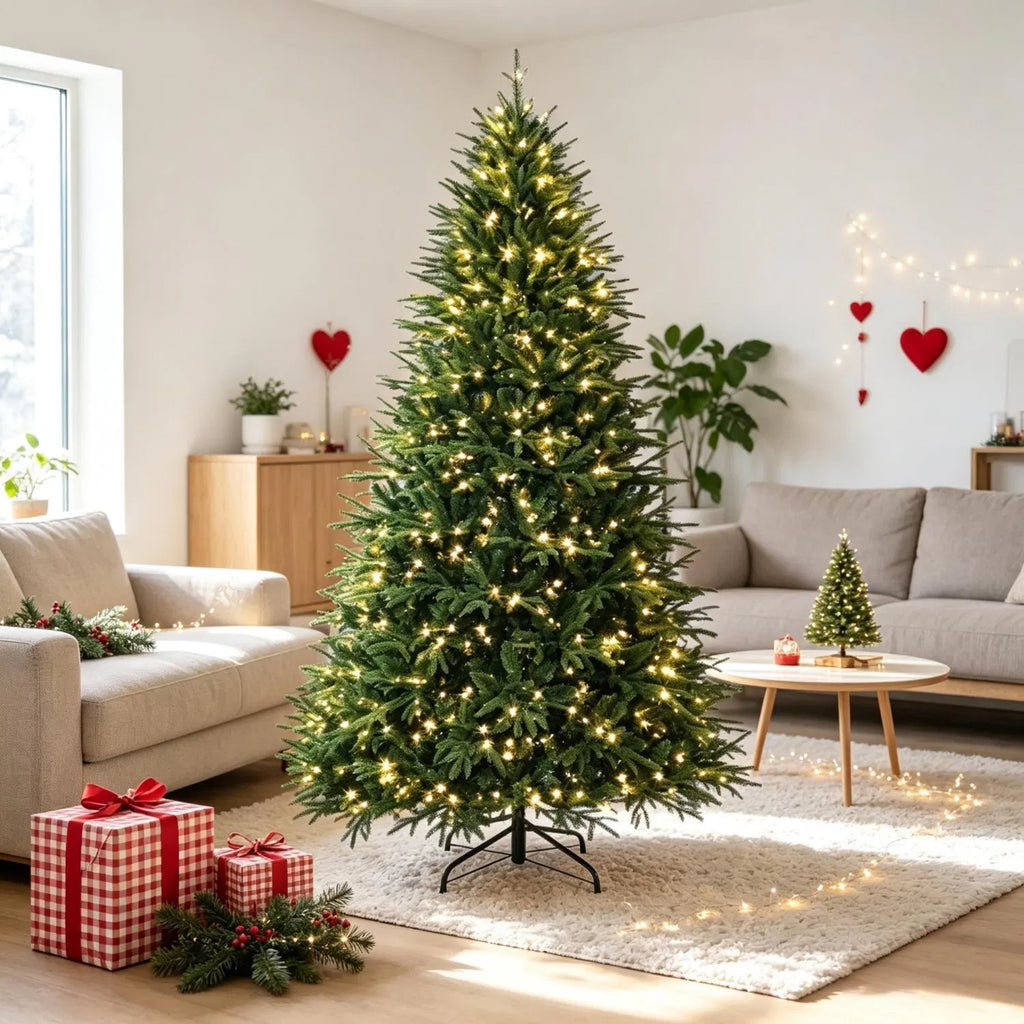 7.5 ft Pre-Lit Artificial Christmas Tree with 1000 Warm White LED Lights, 3719 Tips, Hinged Branches & Metal Stand, Green
