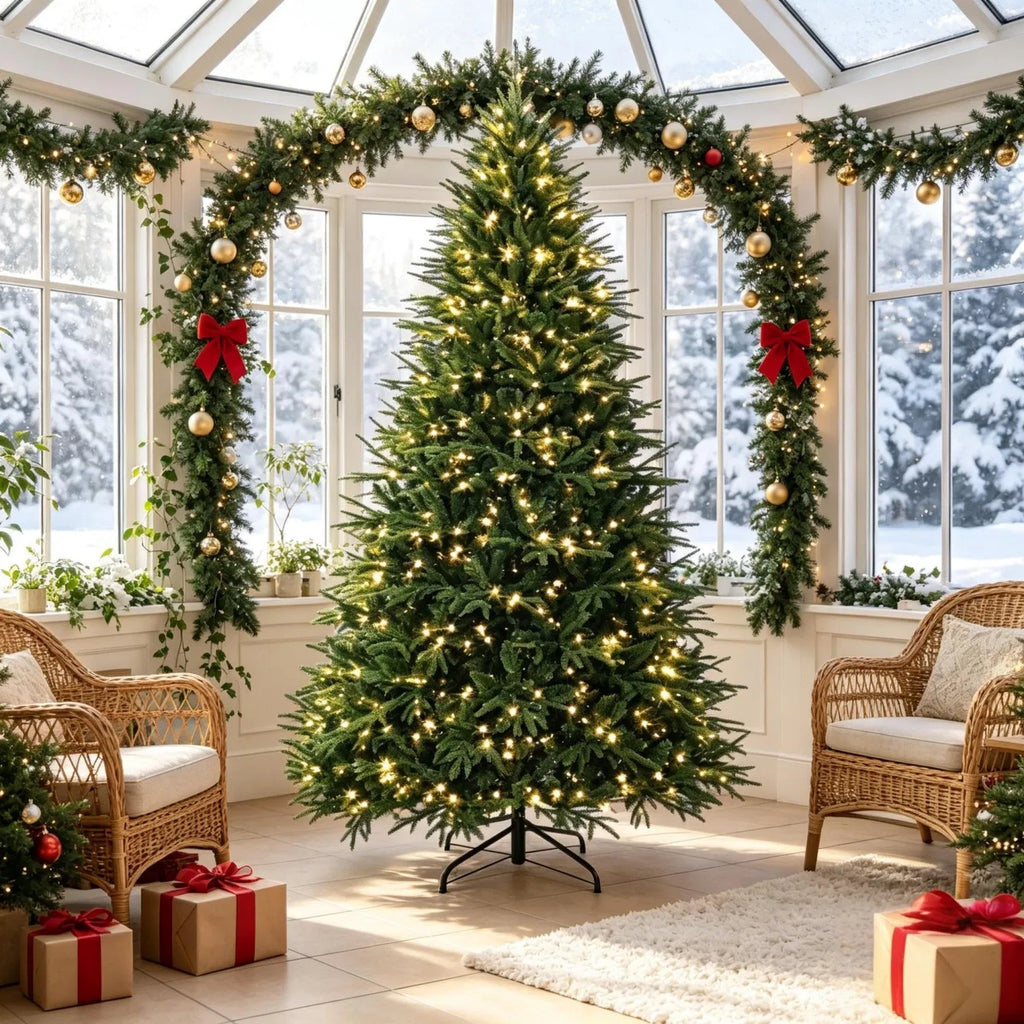 7.5 ft Pre-Lit Artificial Christmas Tree with 1000 Warm White LED Lights, 3719 Tips, Hinged Branches & Metal Stand, Green