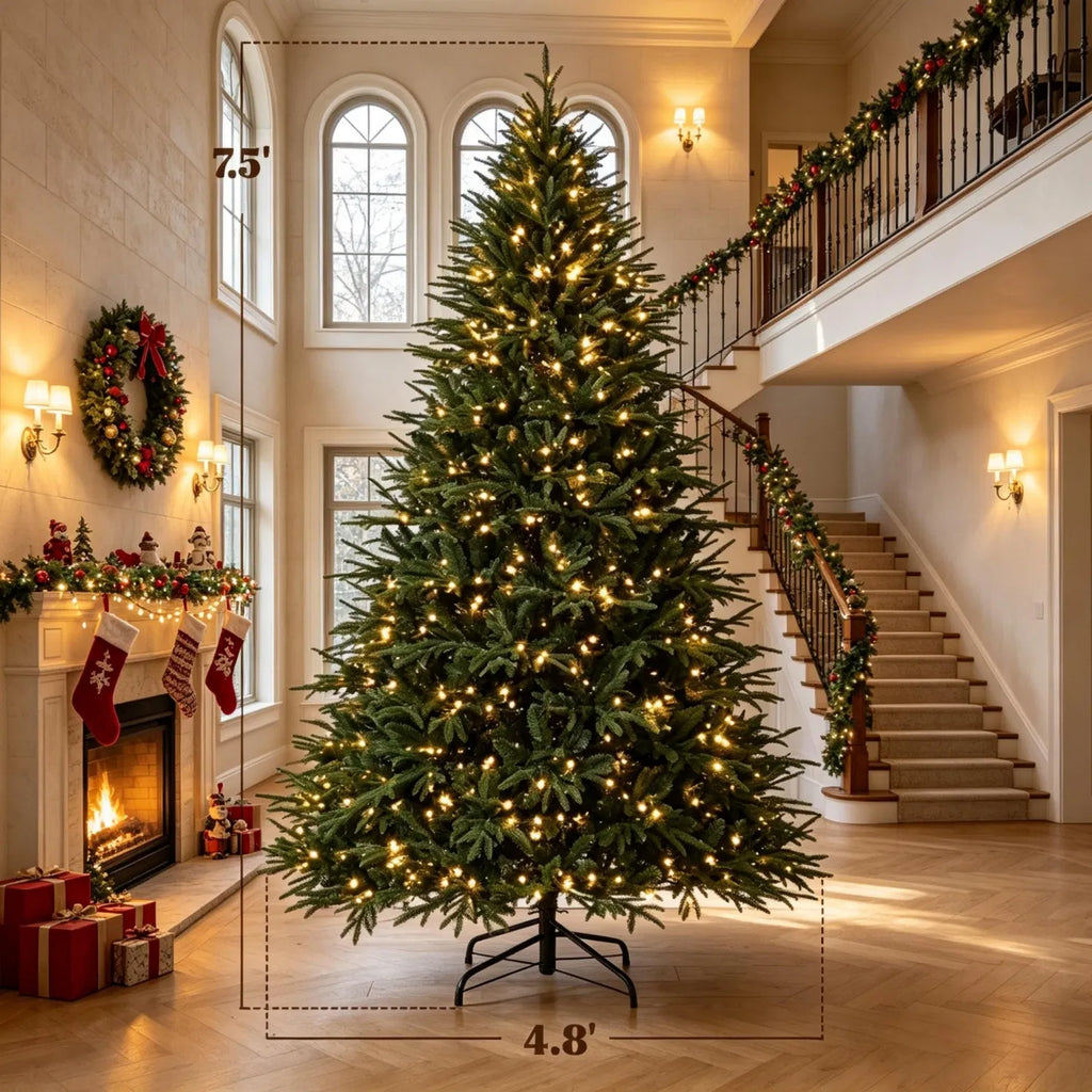 7.5 ft Pre-Lit Artificial Christmas Tree with 1000 Warm White LED Lights, 3719 Tips, Hinged Branches & Metal Stand, Green
