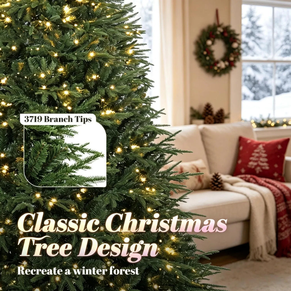 7.5 ft Pre-Lit Artificial Christmas Tree with 1000 Warm White LED Lights, 3719 Tips, Hinged Branches & Metal Stand, Green