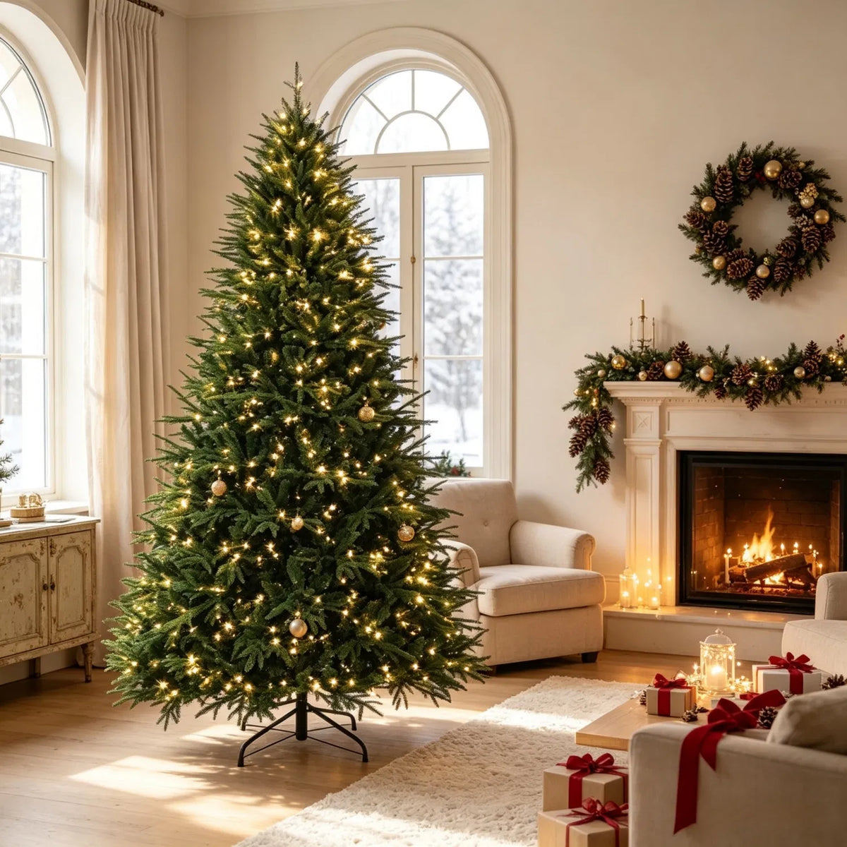 7.5 ft Pre-Lit Artificial Christmas Tree with 1000 Warm White LED Lights, 3719 Tips, Hinged Branches & Metal Stand, Green