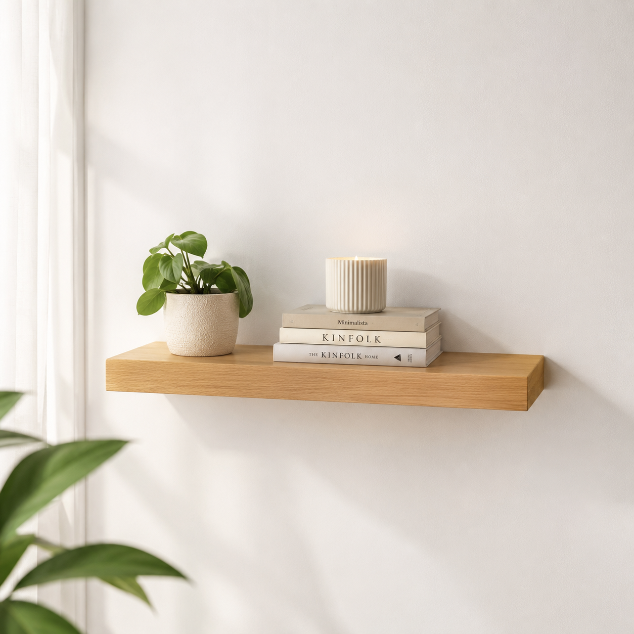 Natural Oak Wooden Floating Shelf for Wall – Solid Wood Wall Mounted Storage Shelf