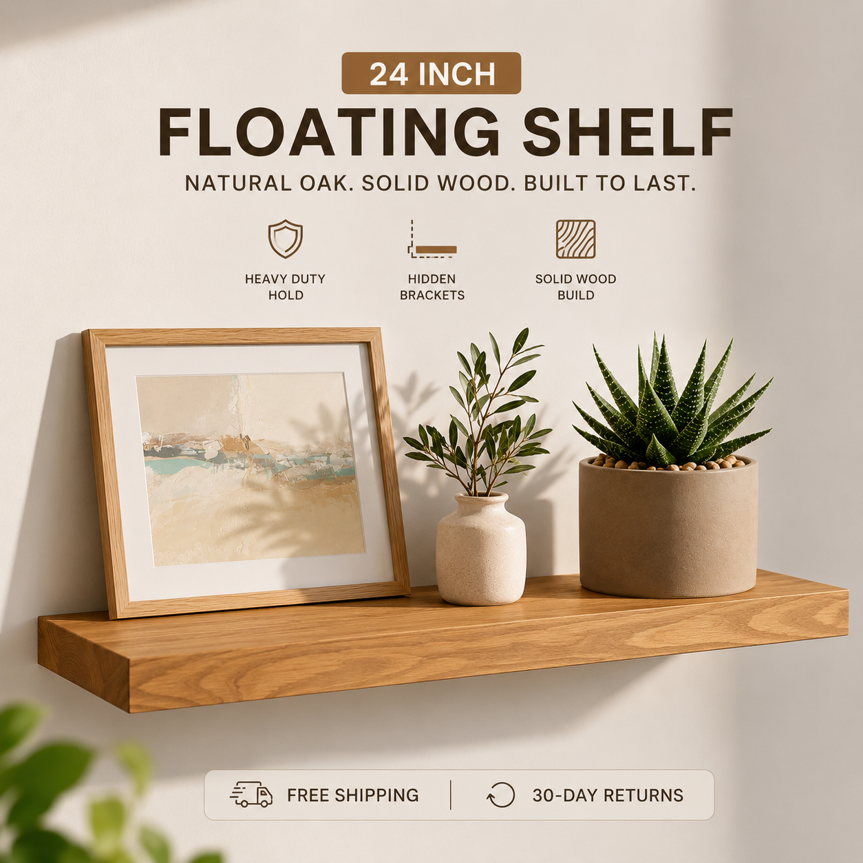 24 Inch Natural Oak Wooden Floating Shelf for Wall – Solid Wood Wall Mounted Shelf with Heavy Duty Hidden Brackets