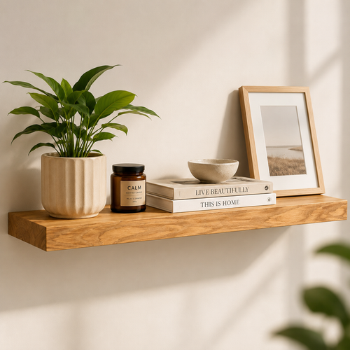 24 Inch Natural Oak Wooden Floating Shelf for Wall – Solid Wood Wall Mounted Shelf with Heavy Duty Hidden Brackets