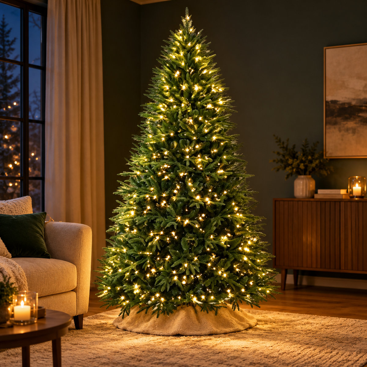 7.5 ft Pre-Lit Artificial realistic Christmas Tree with 1000 Warm White LED Lights, 3719 Tips, Hinged Branches & Metal Stand, Green