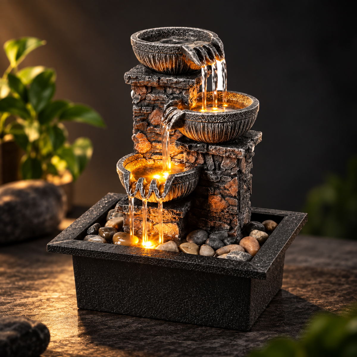 Tabletop Water Fountain with LED Lights – 3-Tier Cascading Rock Fountain for Home & Garden Decor